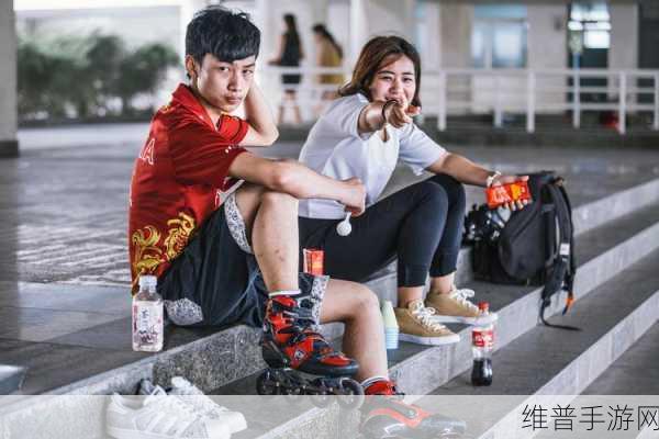 男生女生一起相嗟嗟嗟轮滑鞋：男生女生齐聚轮滑场，共享快乐时光与友谊！